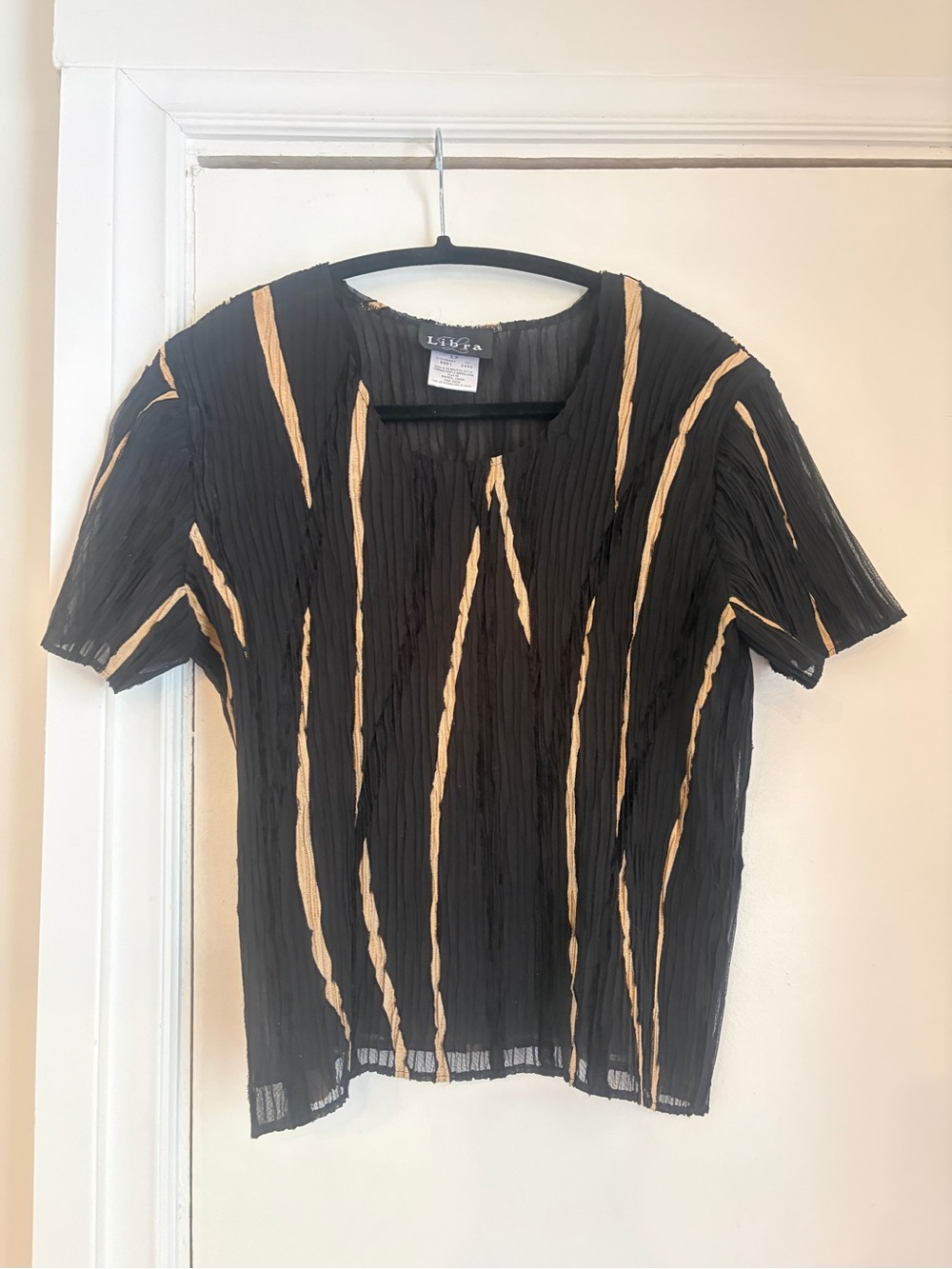 Vintage Y2K Black & Tan Short Sleeve Crinkle Mesh Top